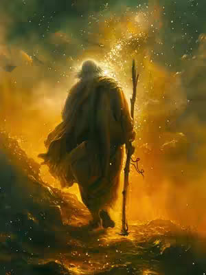 An artistic depiction of a figure, likely a biblical character, walking towards a bright, celestial light. The figure is draped in a long robe, holding a staff and facing away from the viewer. The background features swirling clouds and a glowing, golden light. The overall composition conveys a sense of hope and journey.