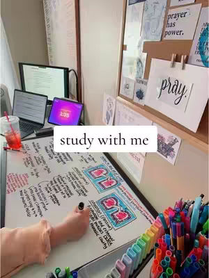 A person is studying at a desk, with a laptop, tablet, and notes visible. The image is brightly lit and features study materials. White text overlayed on the image reads "study with me",