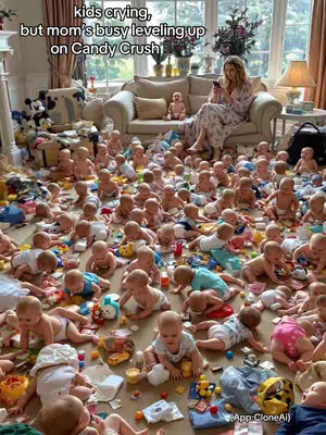 A chaotic scene depicts numerous babies crawling on a floor, surrounded by toys, while a woman sits on a couch in the background, engrossed in her phone. Overlaid text humorously contrasts her activity.