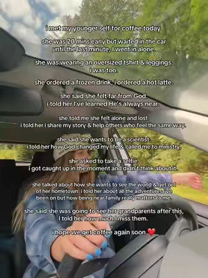 A selfie video filmed inside a car, showing a young woman behind the wheel. Text is overlaid on the image, describing a conversation. The composition is from the driver's perspective, with the windshield and outdoor scenery visible.