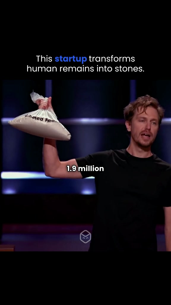 A man in a black shirt stands in front of a blurred background, holding a bag of what appears to be cremated remains. Text overlays indicate information about a business idea related to transforming human remains into stones.