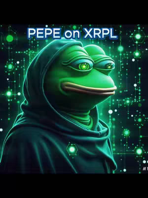 The cover image features a digitally rendered Pepe the Frog character dressed in a dark hooded cloak, suggesting a mysterious or crypto-oriented theme. The background is a dark, technological design, showing glowing green interconnected lines and dots, implying a digital or blockchain setting. The text overlay 'PEPE on XRPL' is in a stylized font, reinforcing the connection with the XRP Ledger. The overall composition is vibrant with a neon green color scheme.