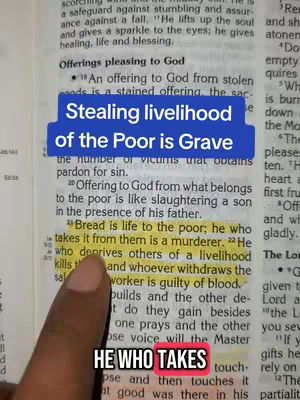 The image shows an open Bible with a highlighted passage. A hand with a dark skin tone points to the highlighted text. There are multiple text overlays in the scene.