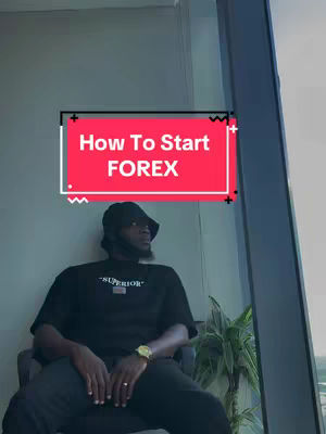 The image features a man in a black t-shirt and a bucket hat, seated in a chair near a window. A text overlay, 'How To Start FOREX,' is placed prominently on the upper portion of the image against a red and white background. The man appears to be in a high-rise building, given the view from the window.