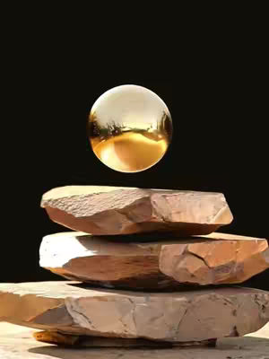 An artistic composition featuring a stacked cairn, composed of rough-hewn, layered stones. A golden, spherical object hovers above the cairn, reflecting the environment. The background is solid black.