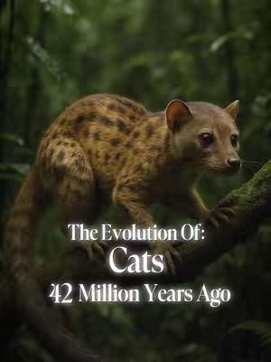 The image features a close-up of a cat-like animal perched on a tree branch, set against a backdrop of dense green foliage. The animal has brown fur with darker spots. The text overlay on the bottom states "The Evolution Of: Cats" and "42 Million Years Ago". The overall color palette is dominated by greens and browns.