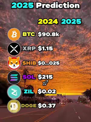 The cover image features a sunset view over a road with a list of cryptocurrency predictions superimposed over it. The sky is filled with a vibrant gradient of orange and purple hues. Text overlays with crypto symbols and their price predictions.