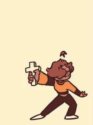 A cartoon illustration on a light yellow background features a figure in the middle holding a cross. The figure is drawn in a simple style with a brown and orange color scheme. The figure is holding the cross towards the left side of the image and is angled slightly. The background is a solid, light yellow, and the image has a clean, minimalist aesthetic.