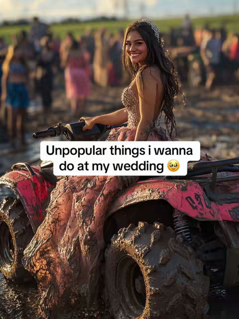 A woman in a wedding dress on a muddy ATV with people and a field in the blurred background and a text overlay conveying a message.