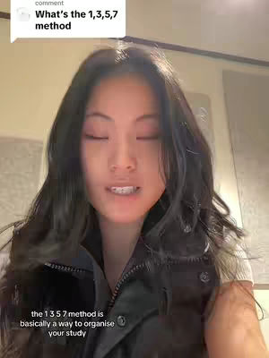 A selfie-style video cover shows a young woman with long dark hair, wearing a black vest and white shirt. Her eyes are closed, and she appears to be speaking. Text overlays include a comment bubble with 'What's the 1,3,5,7 method' and a statement explaining the method's purpose.