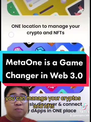 The cover image has a dark red and black background with some app screenshots alongside the creator. It features the text 'MetaOne is a Game Changer in Web 3.0' overlaid on a black rectangular box and some text at the bottom. The creator is looking upwards.