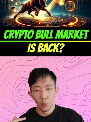 A cover image featuring a man at the bottom with a curious expression, pointing towards an overlay that states 'Crypto Bull Market Is Back?' overlayed on a picture of a bull charging, with a Bitcoin symbol behind it. The background has pink swirls.
