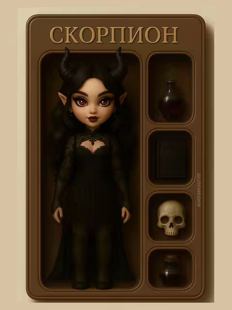 The cover image features a doll presented in a box, with the word 'Scorpio' in gold lettering at the top. The doll is a stylized, gothic-themed figure with dark hair, red eyes, and horns. The box contains various thematic items like a skull and a potion bottle, enhancing the astrological theme.