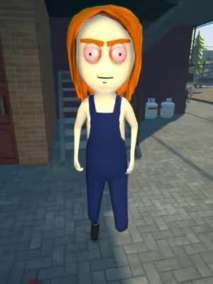 A cartoonish avatar of a person with exaggerated features stands in front of a brick building. The character has bright orange hair, red eyes, and is wearing blue overalls. The background includes industrial elements such as two gas tanks, a building, and a paved area.