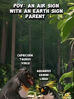 The cover image features a forest background with two cartoon penguins in the foreground. There are text overlays indicating "POV: AN AIR SIGN WITH AN EARTH SIGN PARENT" and lists of zodiac signs.