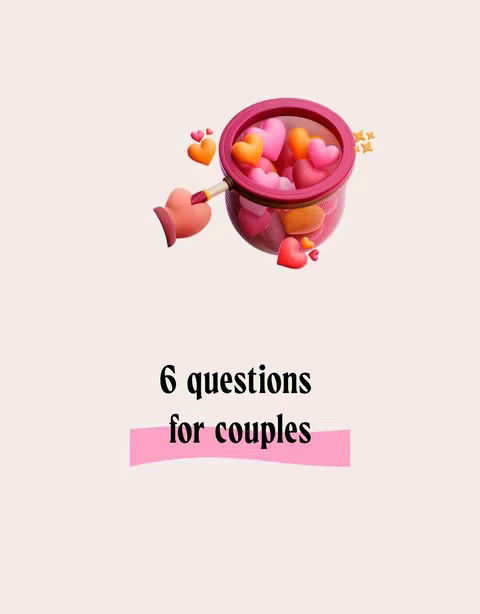 The image displays a light beige background with a 3D rendering of a pink-handled net filled with colorful hearts. The net holds various hearts in shades of pink, orange, and yellow. Floating around the net are additional individual hearts in the same colors. Below the net, the text "6 questions for couples" appears in a black, bold font with a light pink bar going across the text, the text is aligned to the left. The image is simple yet conveys a theme of love and connection.