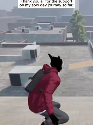 An animated image from a video game, of a person dressed in red parkour attire, leaping from a building, with a city and buildings in the background.
