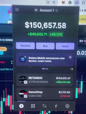 The cover image is a screenshot of a financial app interface displaying investment information. The layout is dominated by a dark background, with a prominent display of the user's account balance, which is $150,657.58, along with its change details, indicating an increase. Below, there are transaction buttons such as “Receive,” “Buy,” and “Send.”. Further down, two investment entries are listed: 'RETARDIO' and 'GameStop', each denoting investment value and profit/loss. At the bottom are some navigation icons.