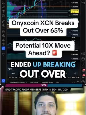 The cover image shows a split-screen view. The top portion displays a stock chart with numerous lines and data points, indicating financial data and analysis. Overlaid on this are text boxes with key phrases: 'Onyxcoin XCN Breaks Out Over 65%', and 'Potential 10X Move Ahead?'. The bottom half features the creator, a man with brown hair, in a selfie-style shot seated indoors or outdoors. The video's branding is seen at the bottom, and below it are the words 'EPIQ TRADING FLOOR MEMBERS | LINK IN BIO - 111 / 200'.