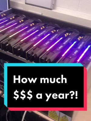 A close-up shot of a crypto mining rig with multiple graphics cards, lit with purple and blue lights, and overlaid with text in a colorful box.