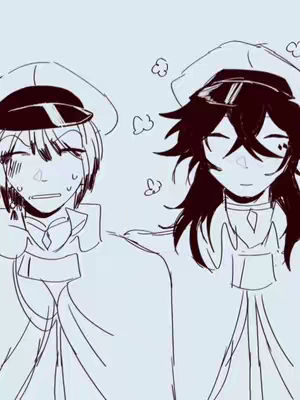 A black and white sketch depicting two anime-style characters wearing hats and uniforms. The character on the left appears anxious with sweat drops, while the character on the right has a smirk and is puffing out steam bubbles behind them. The background is plain, and the style is simplistic.