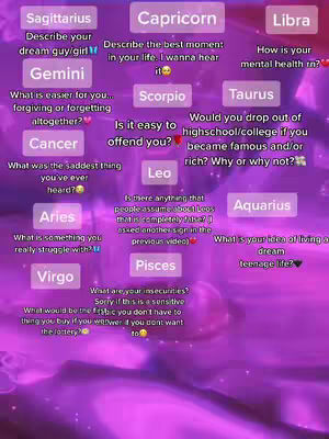 The cover image is a purple gradient background with various overlaid text boxes arranged in a grid, each with a different question related to zodiac signs. The colors are predominantly shades of purple with white text and pastel-colored boxes. The overall composition suggests an interactive or quiz-based video.