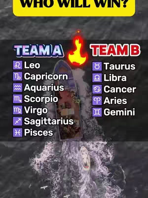 The image has a dark water background. Two boats are placed in the image, Team A and Team B. Team A and Team B have several zodiac symbols aligned. An animated fire image is on the background. The text is placed in a yellow rectangle stating, "WHO WILL WIN?".