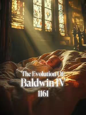 The cover image depicts a baby lying in a bed in front of a large stained-glass window with sunlight streaming through. Text overlayed on the image says "The Evolution of Baldwin IV" and the year "1161".