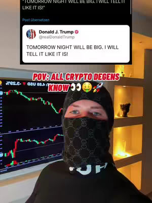 The cover image depicts a person wearing a black balaclava with a patterned design, posing in front of a screen displaying a financial chart, with a text overlay referencing Donald Trump and cryptocurrency. The background includes a framed image and a small decorative object, with a warm interior lighting.