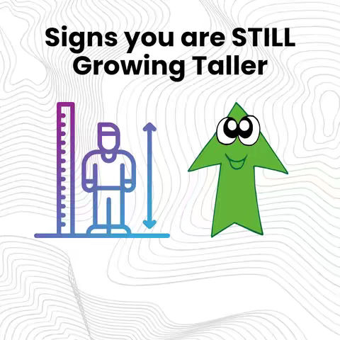 The cover image has a white background with a subtle, textured pattern of curved lines. The text "Signs you are STILL Growing Taller" is at the top in bold, black font. Below, there's a stylized illustration. On the left is a blue and purple outline of a person next to a height chart that is labeled in increments; a blue arrow points upwards from the person. On the right, a green arrow with a smiling face is pointing up. The overall composition is clean and informative.