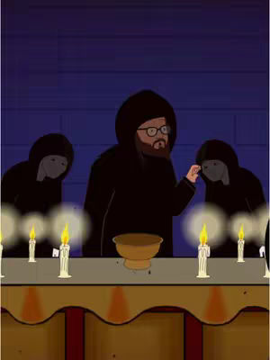 An animated image depicts a scene inside what appears to be a dark chamber, possibly a ritualistic setting. Three figures in long, black hooded robes stand behind a table. In the center, a bearded man with glasses, also in a black hood, seems to be addressing the others. Lit candles placed on a table in front of them cast a warm glow. A golden bowl sits on the table. The overall composition is symmetrical, utilizing a dark color palette.