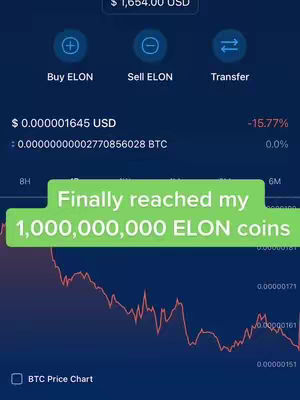 The image shows a crypto trading app interface with a green text overlay. The chart shows a downward trend. The overlay text says 'Finally reached my 1,000,000,000 ELON coins.'