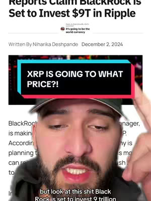A cover image with a man with a beard and a cap partially obscuring his face. A news article related to crypto, with the title 'Reports Claim BlackRock Is Set to Invest $9T in Ripple' is partially visible in the background. A hook text in a colored box on top of the man's head says 'XRP IS GOING TO WHAT PRICE?!'. The man is looking towards the camera.