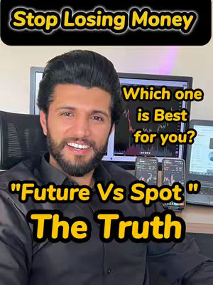 The cover image features a man in a black shirt smiling into the camera. Above him, the text 'Stop Losing Money' is set against a black background with a gold outline. Below the man, more text reads, 'Future Vs Spot The Truth'. The background includes computer monitors displaying trading charts and two smartphones, suggesting content related to financial markets.