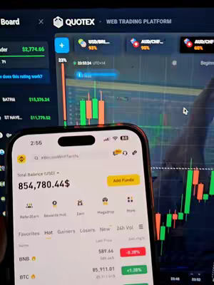 The image shows a person filming their phone screen in front of a computer screen with a trading platform open. The phone displays a balance of 854,780.44 USD. On the computer, there are trading charts and data from Quoted. The overall composition suggests content related to financial trading or investment.
