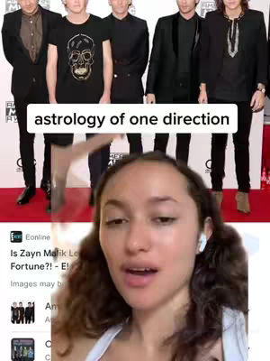 The cover image shows a split screen. The top half features a red carpet photo of the boy band One Direction. The bottom half displays a selfie of a young woman, partially covering a screenshot from what appears to be an article related to Zayn Malik. Text overlays appear on both the top and bottom of the image, indicating the video is about astrology and related rumors.