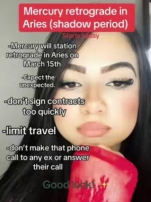 The cover image features a close-up shot of a woman with dark hair and makeup, positioned with the text boxes over her upper third and the bottom right corner containing her hand and red clothing. Text blocks, highlighted by a red banner at the top, provide astrological information related to Mercury retrograde.