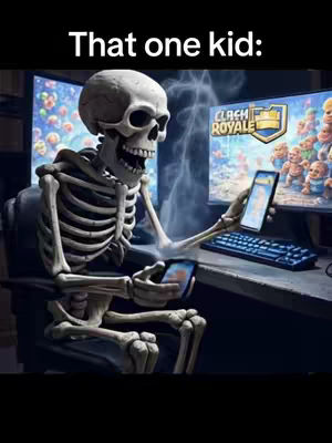 The image features a skeleton sitting at a desk, appearing to be engrossed in both a computer screen and a smartphone. The computer screen displays the "Clash Royale" game interface, and the skeleton is holding two smartphones. The image is composed with a dark background and a sense of internet addiction and obsession.
