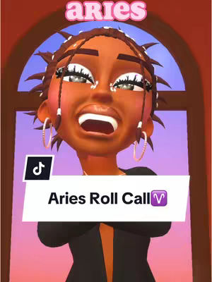 The cover image features a 3D animated female character in a close-up shot. The character has dark skin, brown hair styled in braids, and is wearing hoop earrings. The character's facial expression appears to be an exaggerated smile with wide eyes. The image contains text overlays identifying the content as related to Aries.