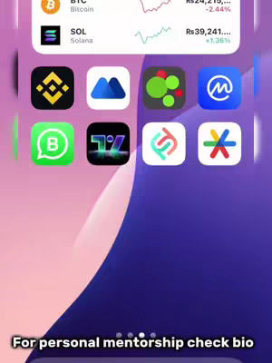 The image is a screenshot of a phone's home screen, showcasing various app icons arranged in a grid. At the top, there are widgets displaying cryptocurrency information like Bitcoin and Solana prices. The background is a gradient, transitioning from a darker purple at the top to a lighter shade below. The bottom of the image includes a text overlay with a prompt for personal mentorship.