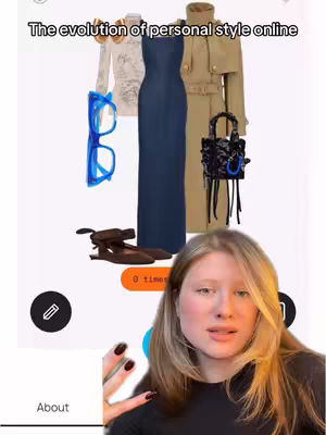 The cover image shows a woman in the foreground, with a background that has a collage of fashion items. The items are mostly clothing and accessories (dress, shoes, bag, glasses and coat). The woman is fair-skinned with blonde hair, and is gesturing towards the top-right. The title text at the top of the image reads 'The evolution of personal style online'.