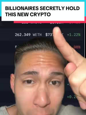 A man points towards a screen displaying crypto-related information, with overlaid text at the top. The background has a dark color scheme, and the man is looking directly at the viewer.
