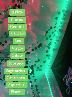 A vertical image primarily in shades of green and red, with a dark background. The left side displays a series of green rectangular boxes, each labeled with a different zodiac sign. Behind the boxes, green lighting is visible. To the right, there are green vines and the background appears dark with scattered lights.