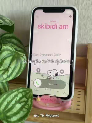 The cover image showcases an iPhone displaying a customized lock screen. The phone sits on a pink stand against a wooden background, flanked by green foliage. The screen features a call screen with a "skibidi am" caller ID. The Snoopy character is also present in a phone screen element.