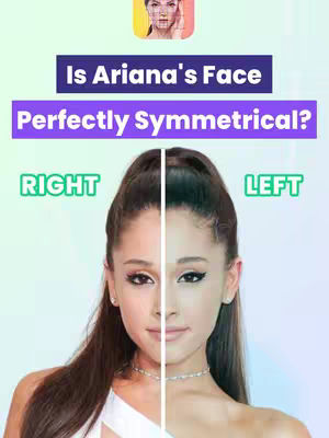 The cover image features a split portrait of Ariana Grande, with the left side revealing her actual face and the right side showing a mirrored, supposedly symmetrical version. Text overlays are present, including a top banner with an app logo and the question "Is Ariana's Face Perfectly Symmetrical?", along with "RIGHT" and "LEFT" labels on either side of her face. The image is set against a gradient background with a purple and green color scheme.