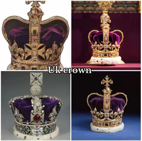 A collage of four images featuring different crowns, each set against varied backgrounds and lighting. Text is overlaid at the bottom of the central crop that says ‘Uk crown’ in white font. The crowns display intricate designs, incorporating gold, gemstones, and purple velvet. The upper-left image reveals a crown partially from the side. In the upper-right image, a crown takes center-stage in front of a dark background. Another crown is featured center-left, and a crown is centered at the bottom right of the collage.