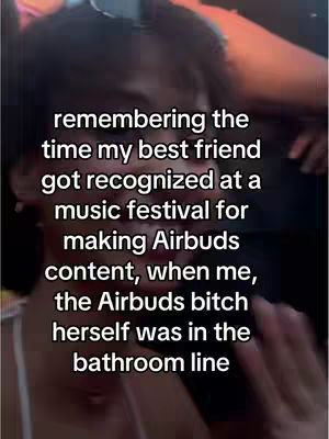 The cover image shows a selfie-style shot featuring a person's upper body and face, along with overlaid text. The background is somewhat blurred, suggesting an indoor setting with indistinct figures and orange lighting. The person is positioned slightly off-center, giving more visual emphasis to the text that describes a music festival memory related to Airbuds content.