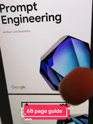 The cover image displays a partial view of a screen, likely a tablet or phone, showing a page titled 'Prompt Engineering' with the author's name. Adjacent to the text is a large, stylized, blue and purple geometric design. A red rectangular box overlaid with text that says '68 page guide' is present near the bottom. A hand is partially visible, holding or interacting with the device.