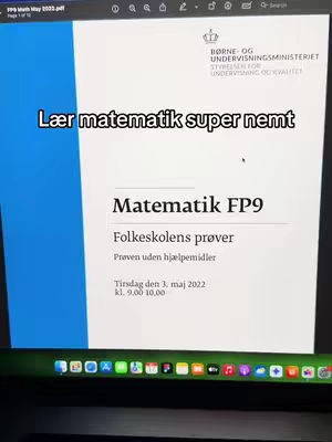 A computer screen displays a document related to a Danish mathematics test. The top of the screen shows the logo of the Ministry of Education. The main document clearly labels 'Matematik FP9', indicating a mathematics exam for the 9th grade. Above this, the words 'Lær matematik super nemt' (Learn math super easy) are overlaid in bold text.