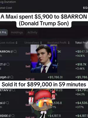 A screenshot shows a trading interface with a picture of a young man in the center and text overlays indicating financial transactions. The top banner shows text, and dynamic trading data fill the screen.